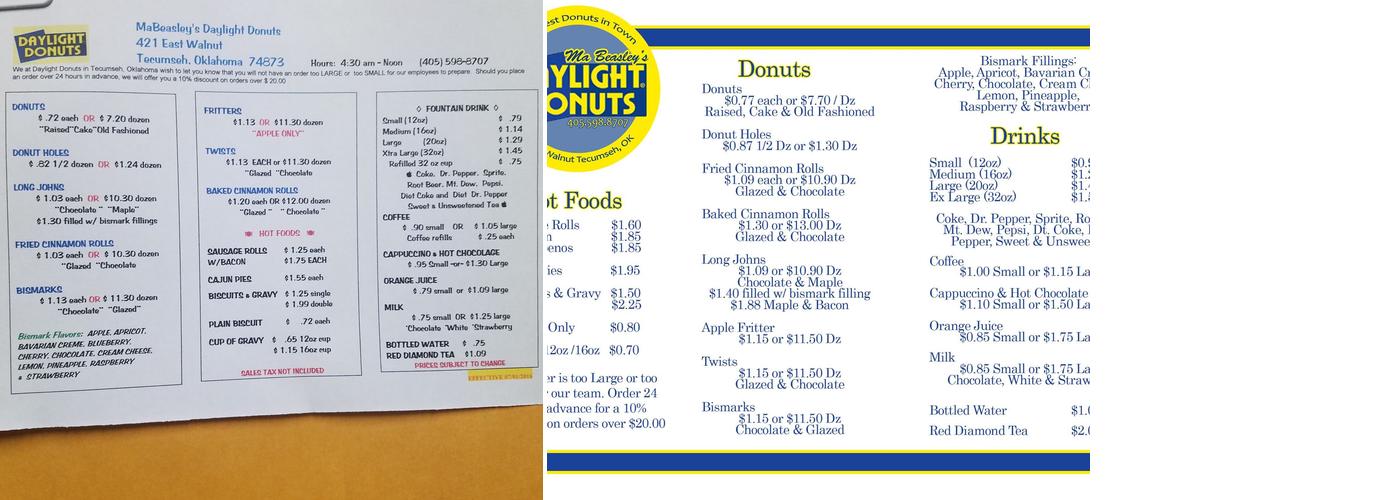 Daylight Donuts Menu