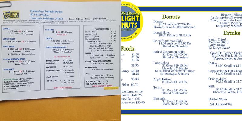 Daylight Donuts Menu