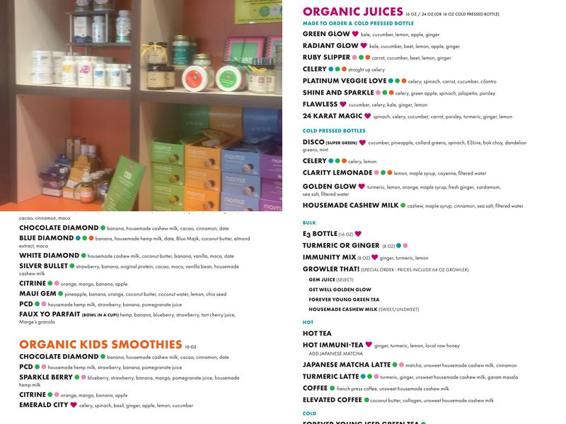 The GEM Organic Food & Juice Menu