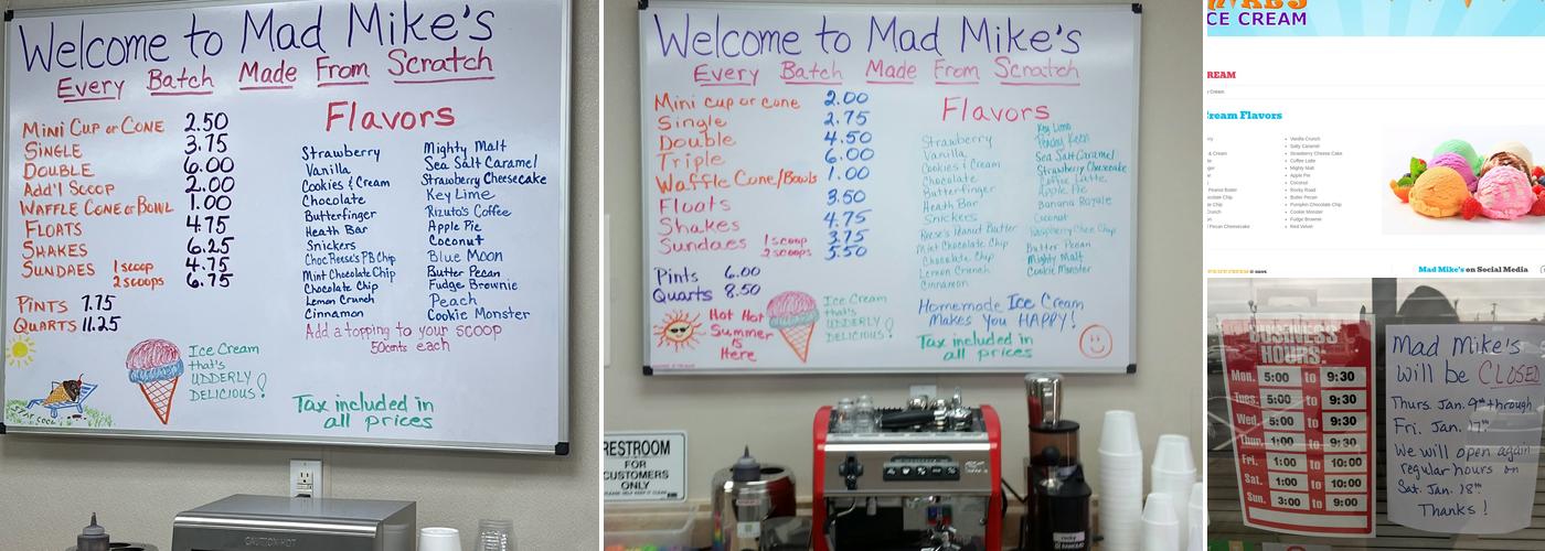 Mad Mike's Ice Cream Menu
