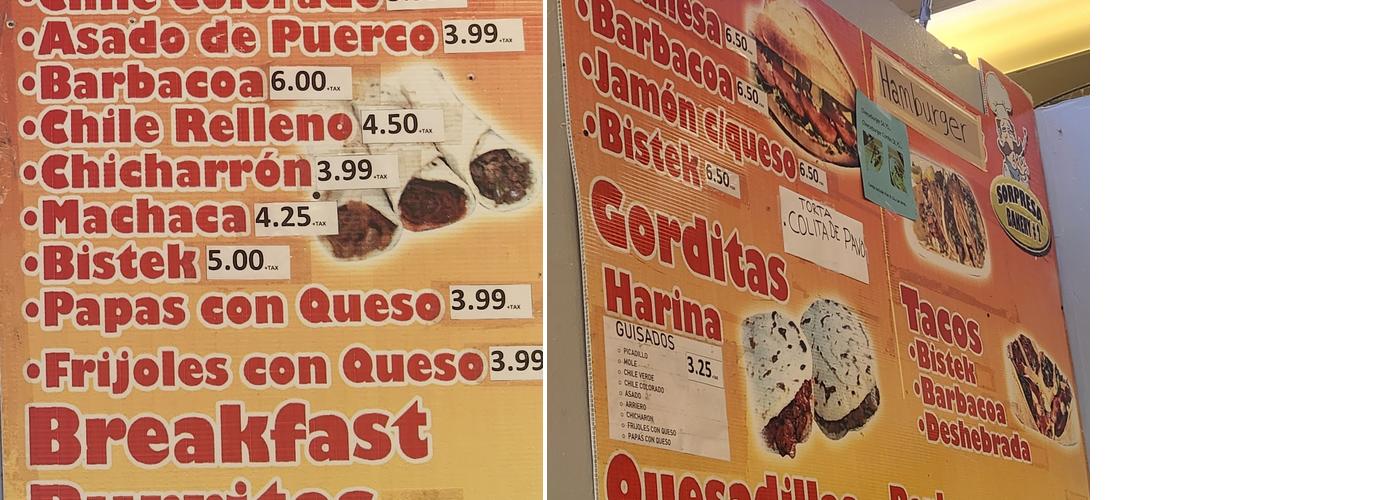 Sorpresa Bakery Menu