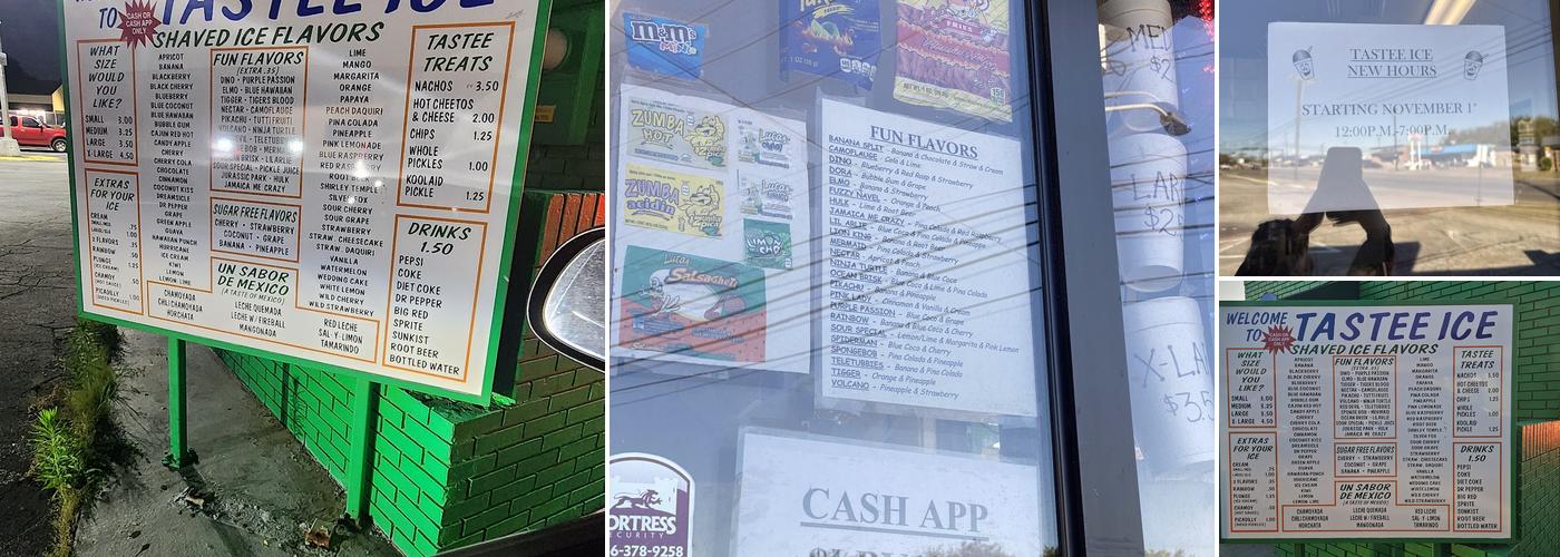 Tastee Ice Snow Cones Menu