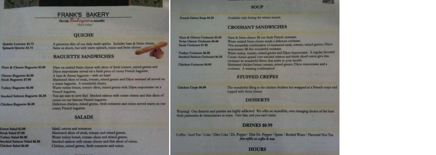 Frank's Bakery Menu