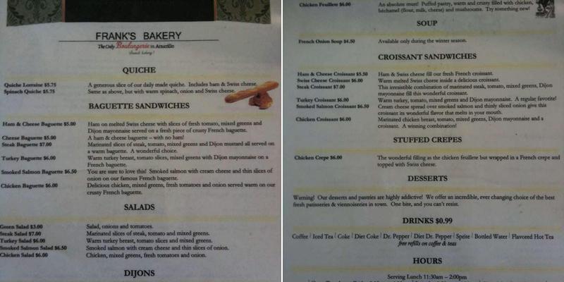 Frank's Bakery Menu