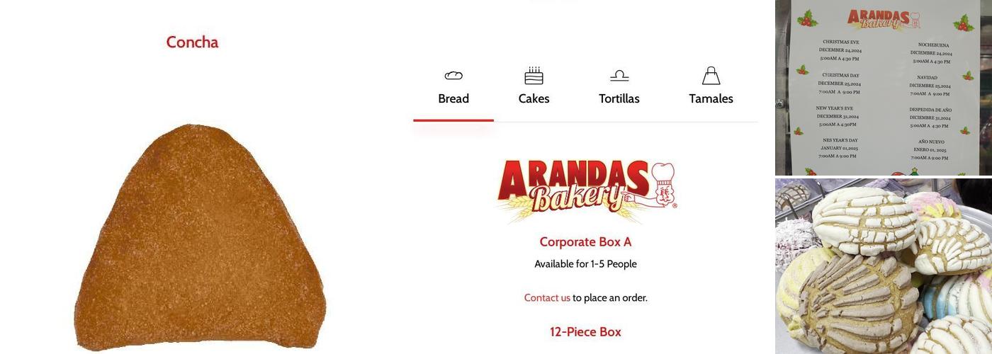 Arandas Bakery Menu