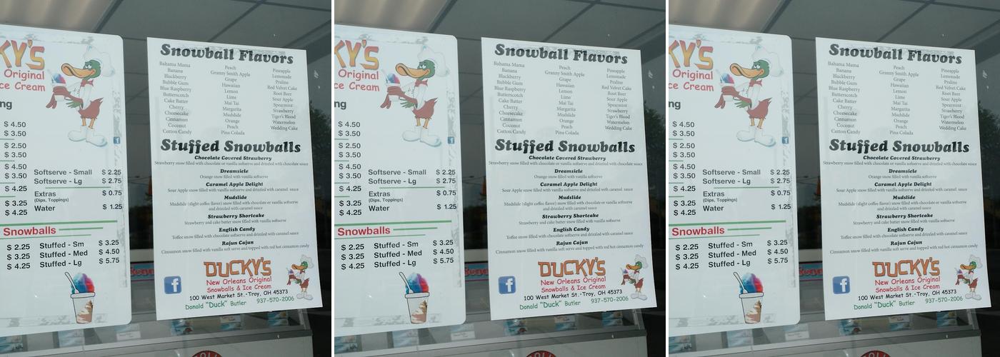 Ducky's Snowballs & Ice Cream Menu