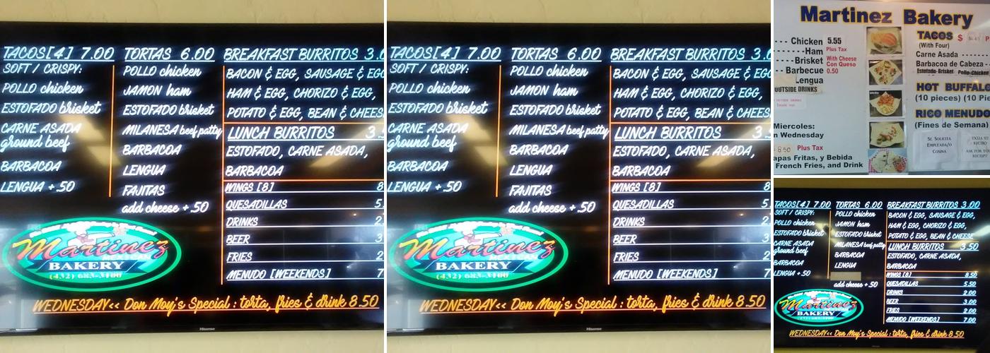 Martinez Bakery Menu