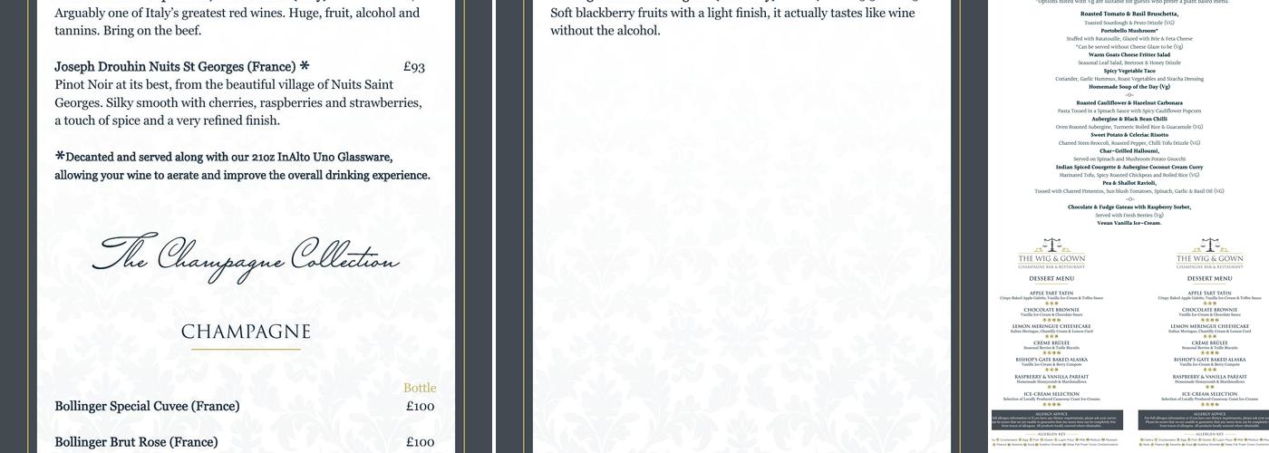 The Gown Restaurant Menu