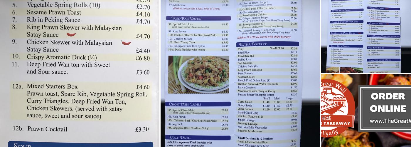 The Great Wall Chinese Takeaway Tullyally / Drumahoe Menu