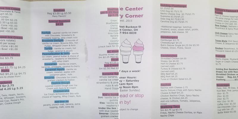 Belle Center Dairy Corner Menu