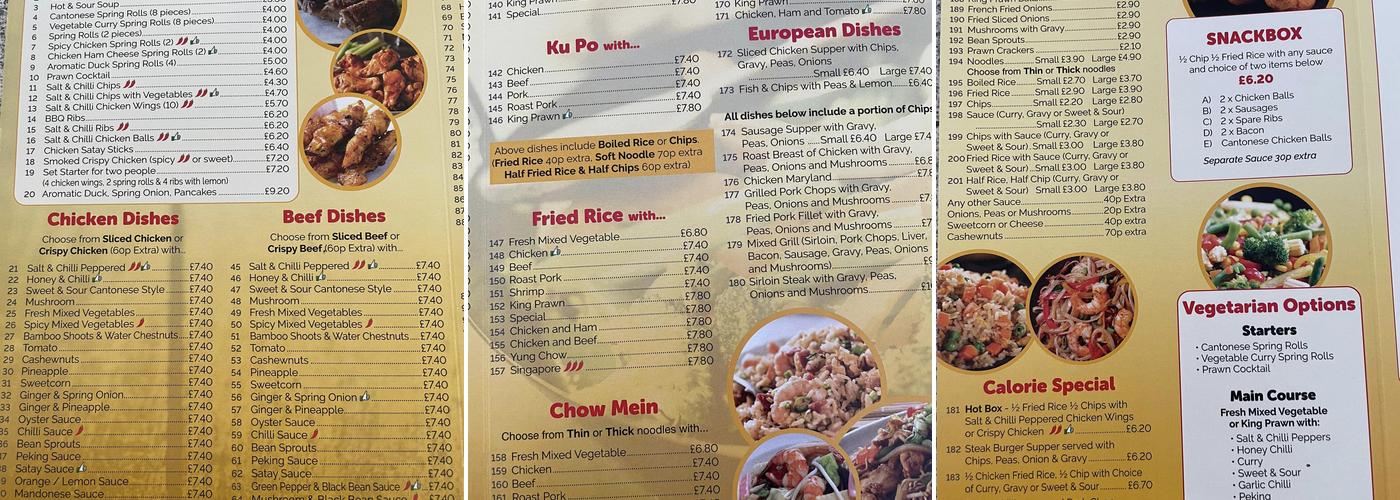 Calories Chinese Take Away Menu