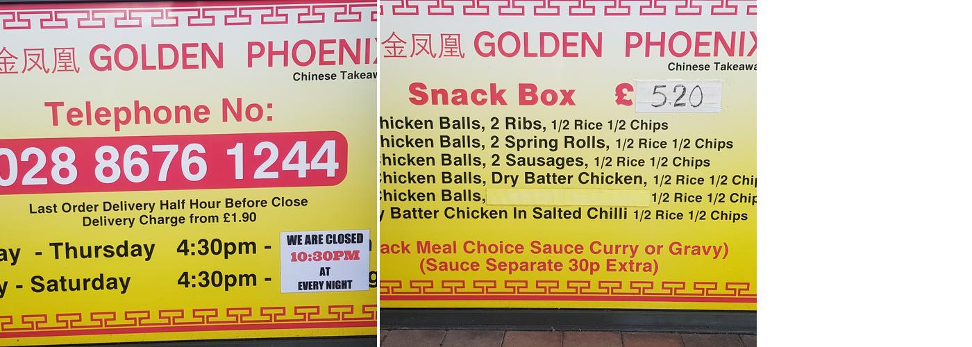 Golden Phoenix cookstown Menu