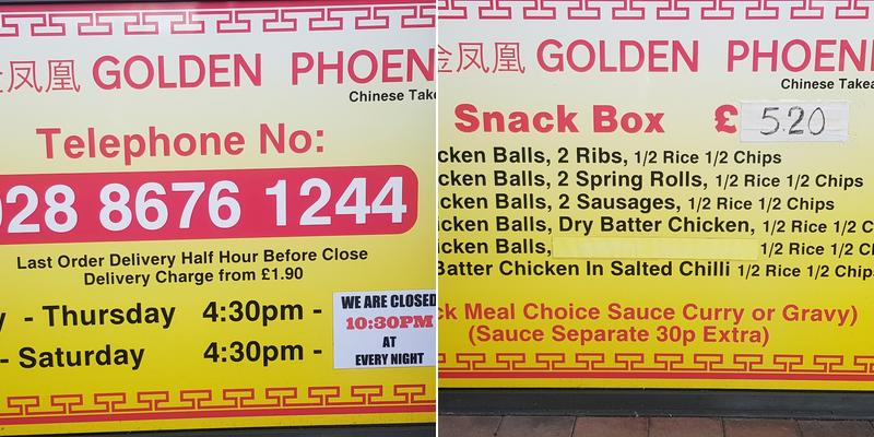 Golden Phoenix cookstown Menu