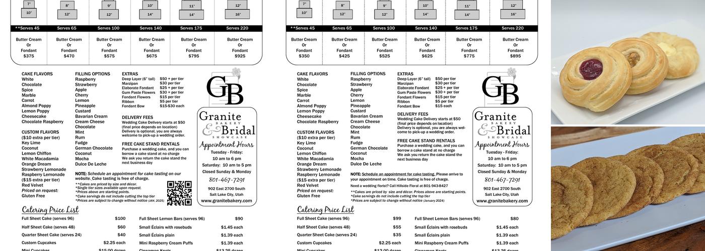 Granite Bakery & Bridal Showcase Menu