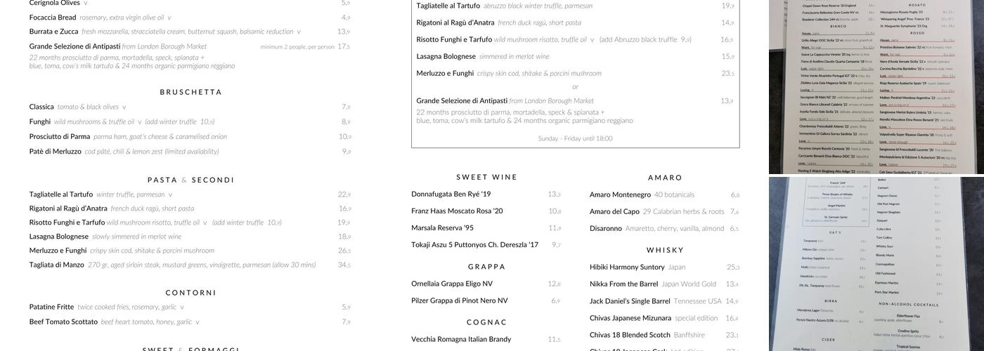 Dalla Terra Wine Bar & Restaurant Menu