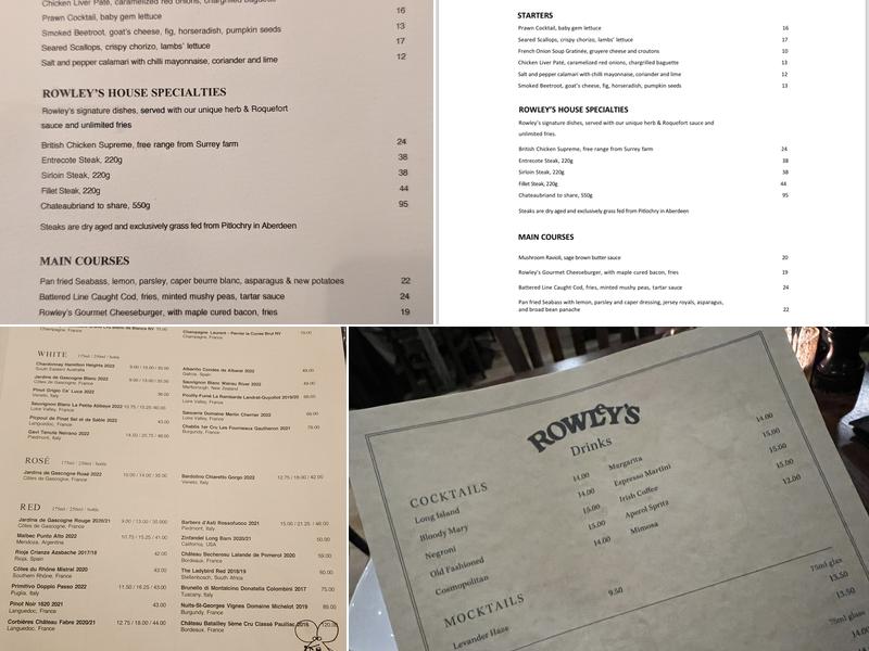 Rowley's Restaurant Menu