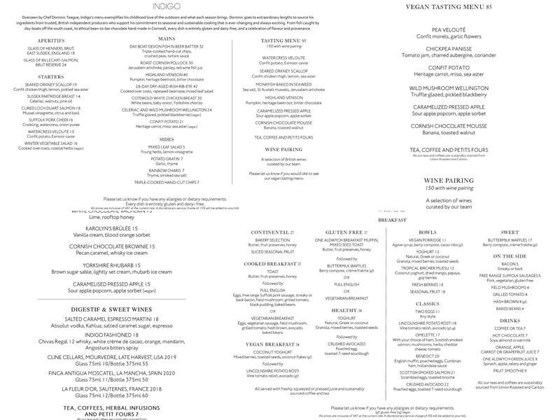 Indigo at One Aldwych Restaurant Menu