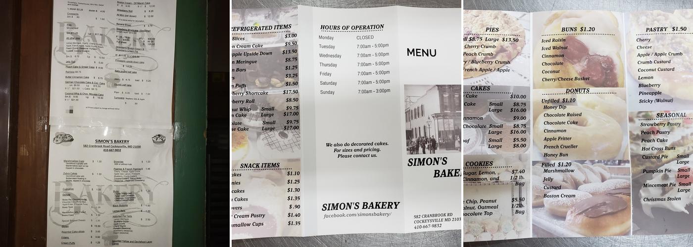 Simon's Bakery Menu