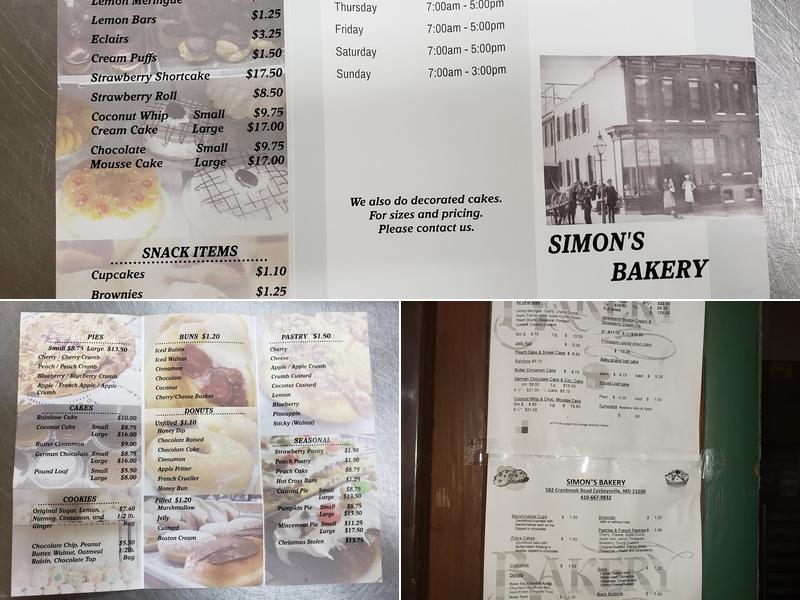 Simon's Bakery Menu