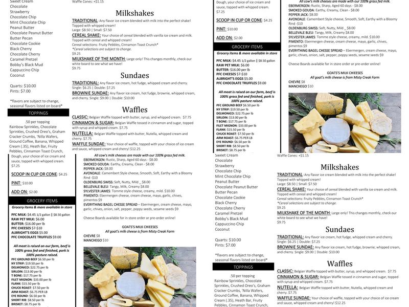 Prigel Family Creamery Menu