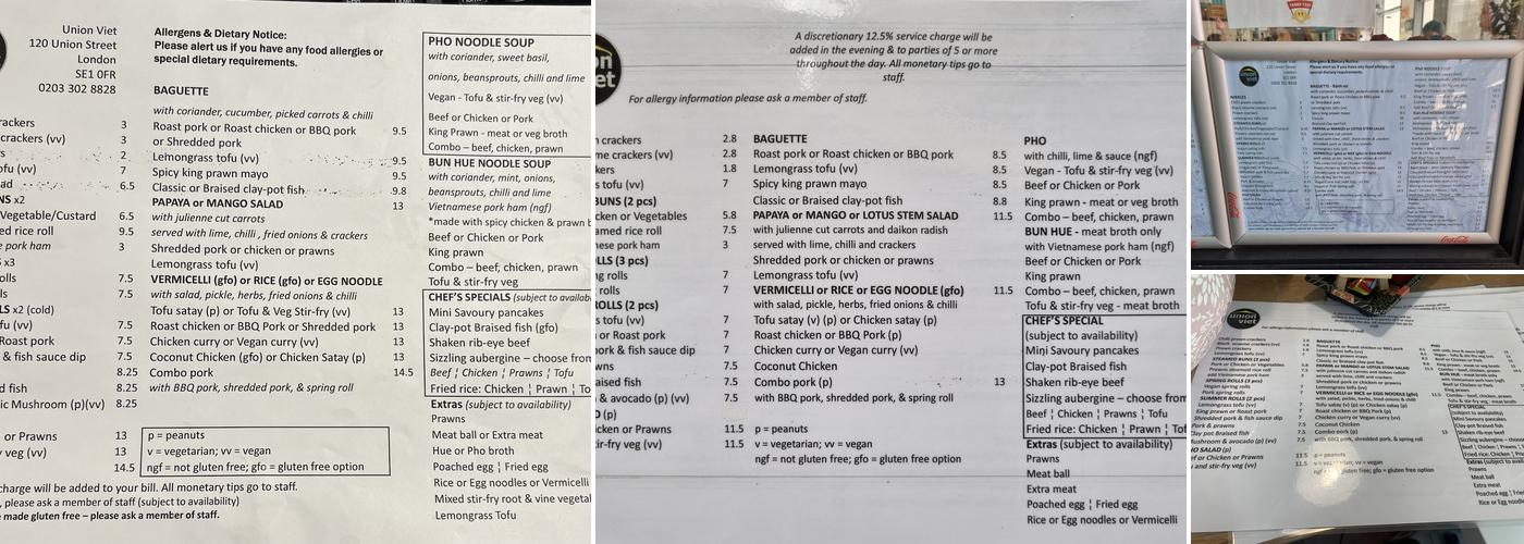 Union Viet Café Menu