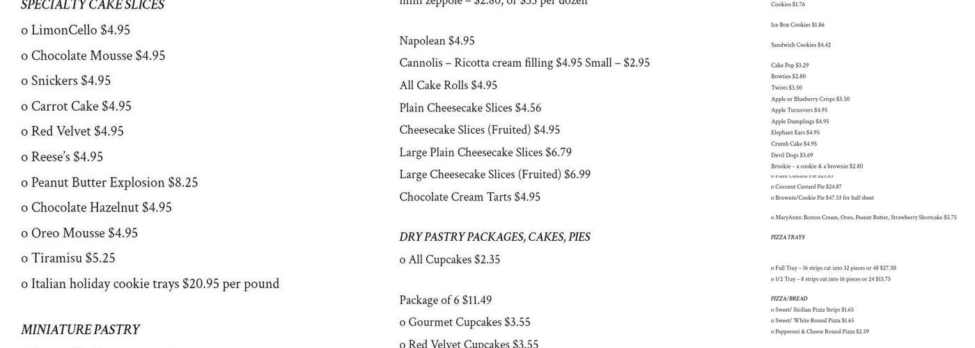 DeLuise Bakery Menu