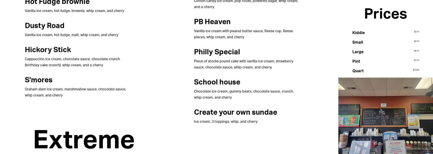 Hickory Stick Ice Cream Menu