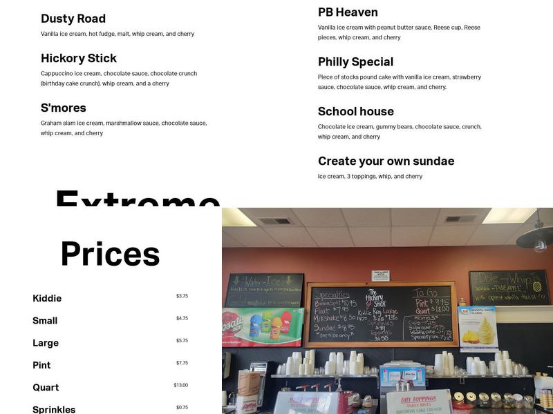 Hickory Stick Ice Cream Menu