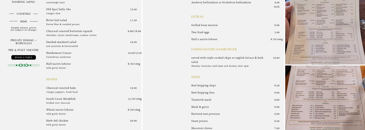 Hawksmoor Borough Menu