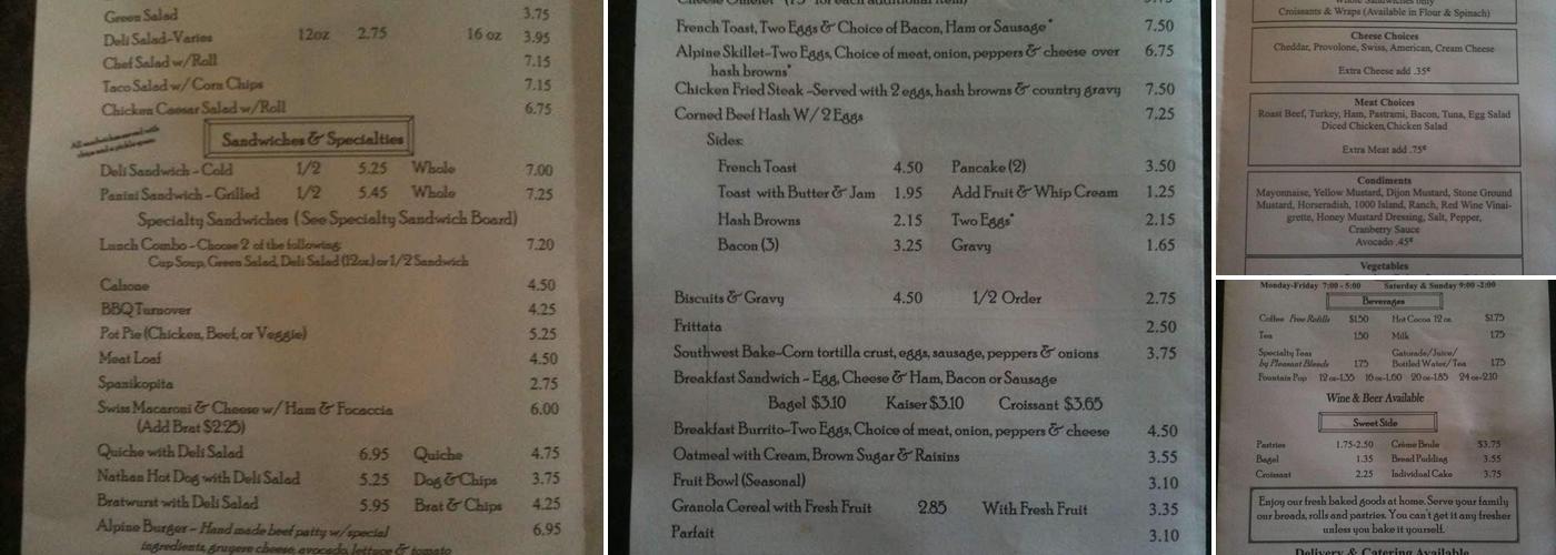 Alpine Bakery Co. Menu