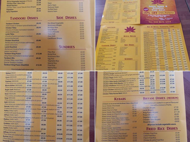 Bay Of Bengal Cookstown Ltd Menu