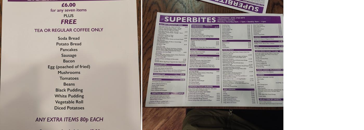 Superbites sit in and takeaway Menu