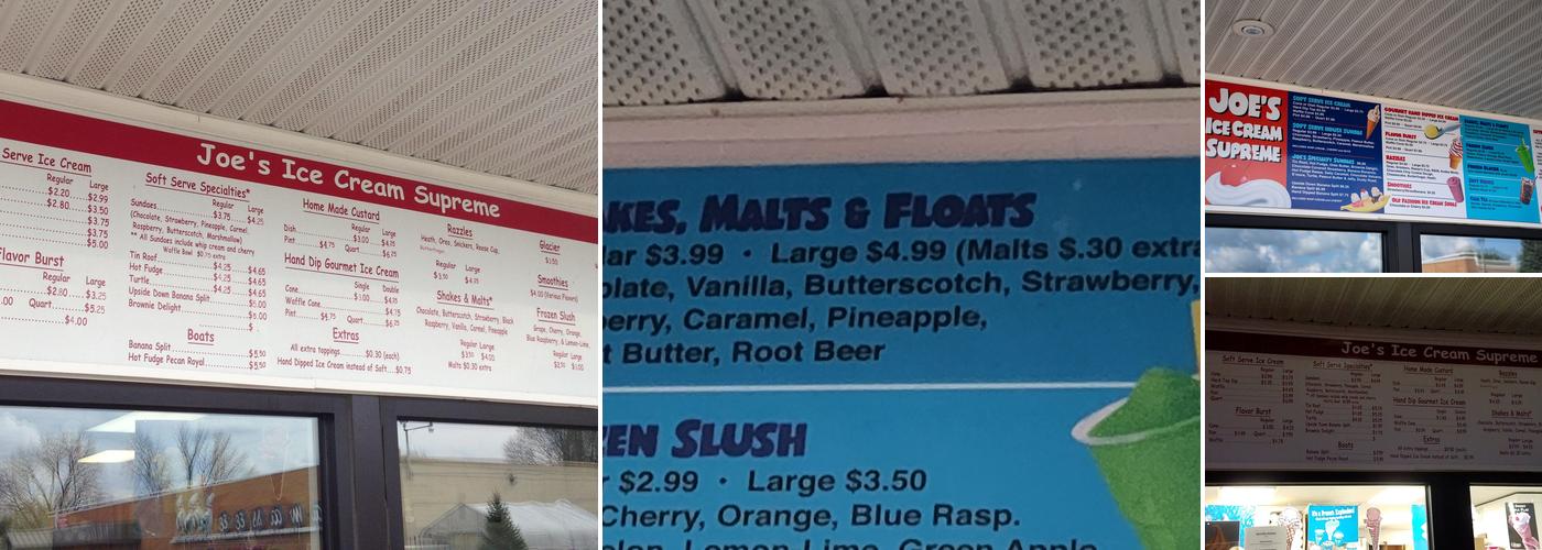 Joe's Ice Cream Supreme Shop Menu