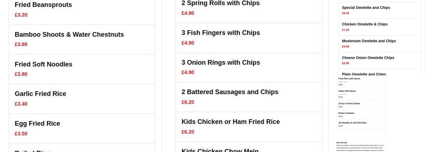 Mirador Chinese Takeaway Menu