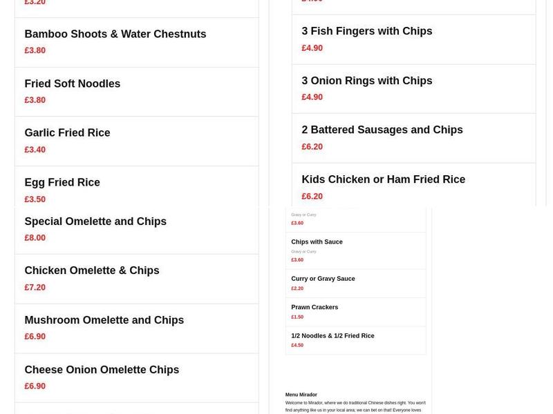 Mirador Chinese Takeaway Menu