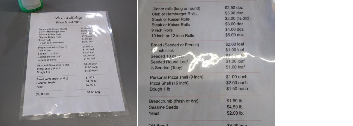 Lucca's Bakery Menu
