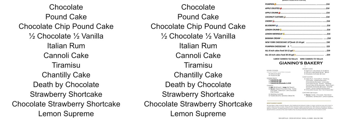 Gianino's Pastries Menu