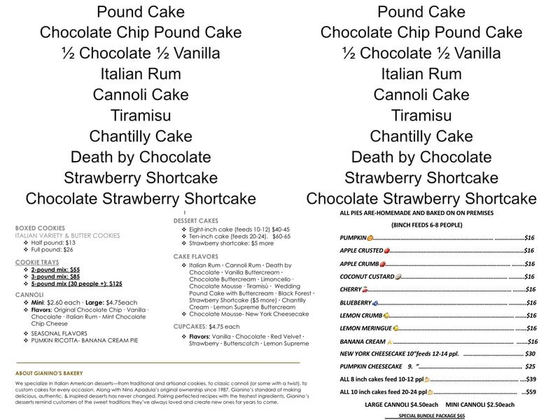 Gianino's Pastries Menu
