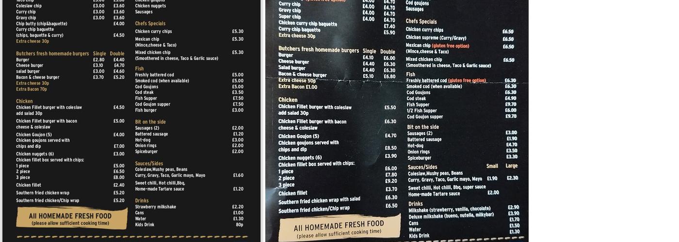 Bakers Takeaway Newry Menu