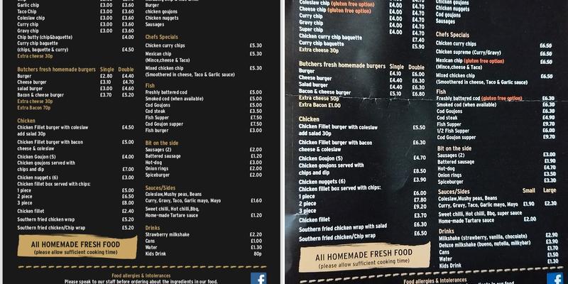 Bakers Takeaway Newry Menu