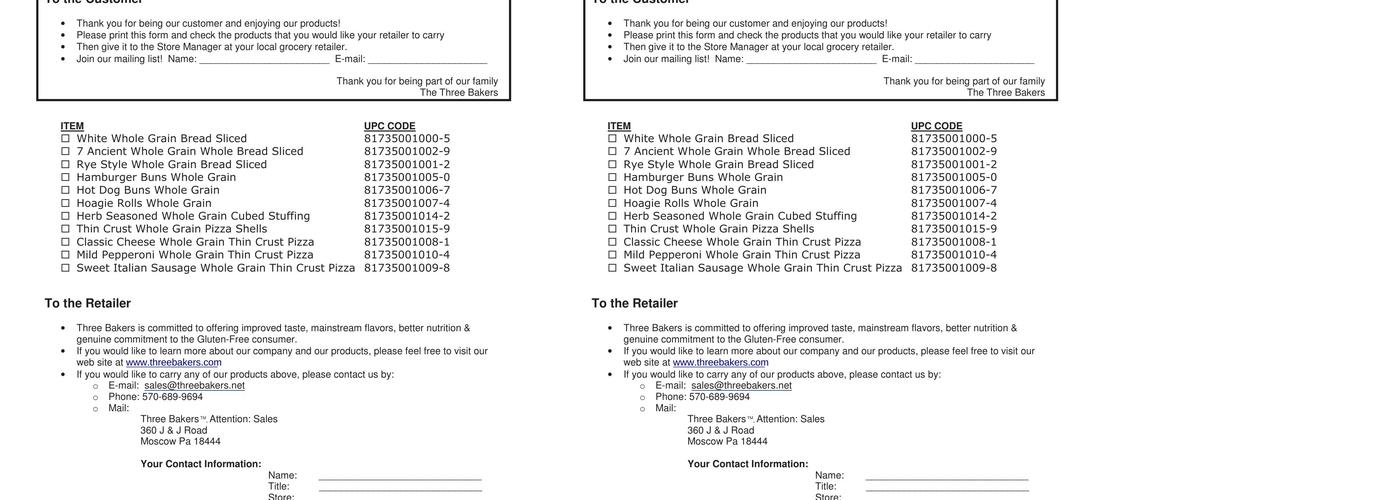 Three Bakers Menu