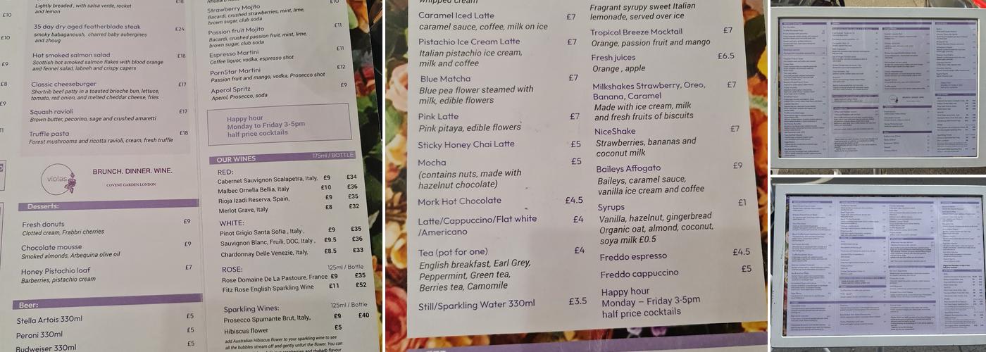 Violas - Restaurant in Covent Garden Menu