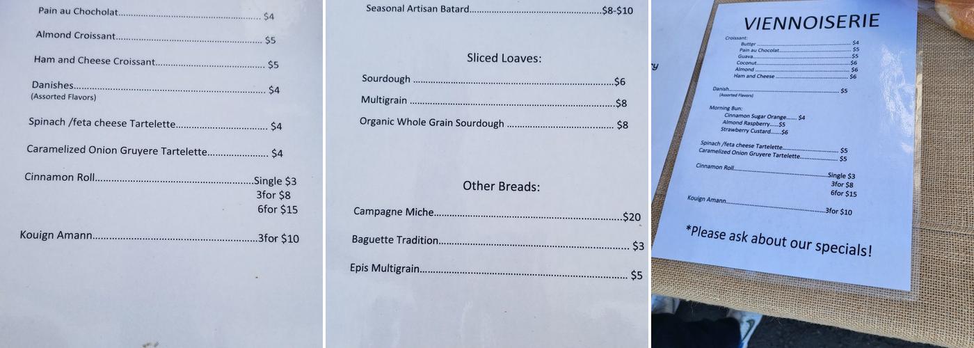 Bread Artisan Bakery Menu