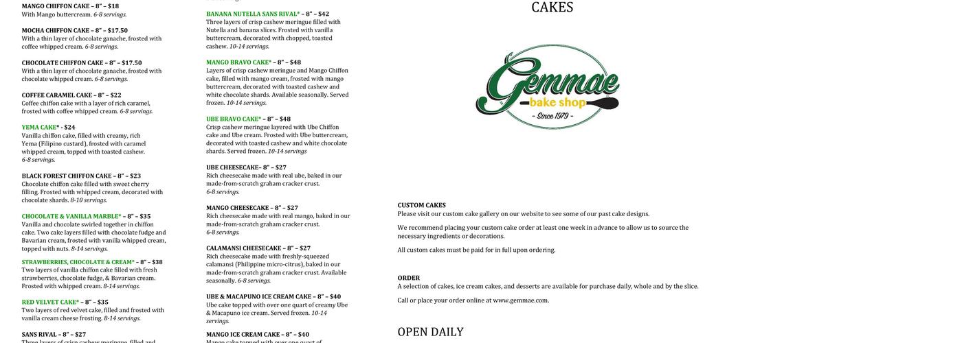 Trining’s Bakery & Cafe National City Menu