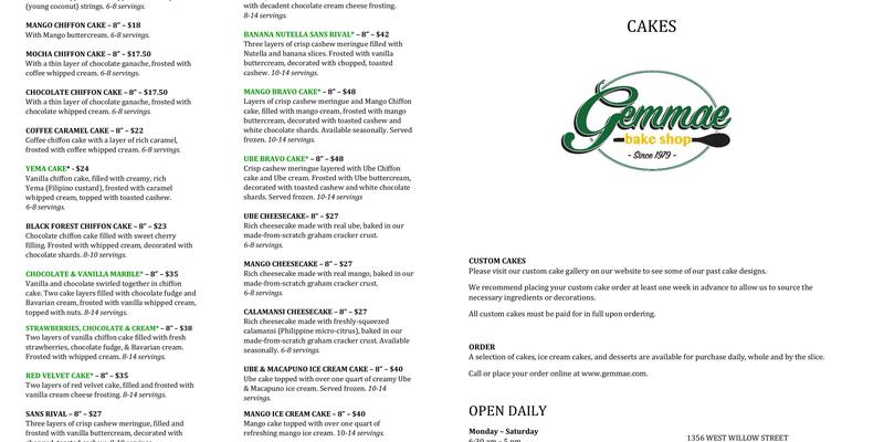 Trining’s Bakery & Cafe National City Menu