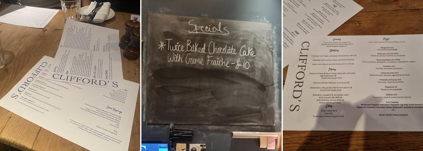 Clifford’s restaurant Menu