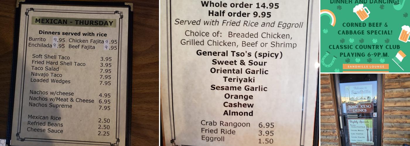 Sand Hills Lounge Menu