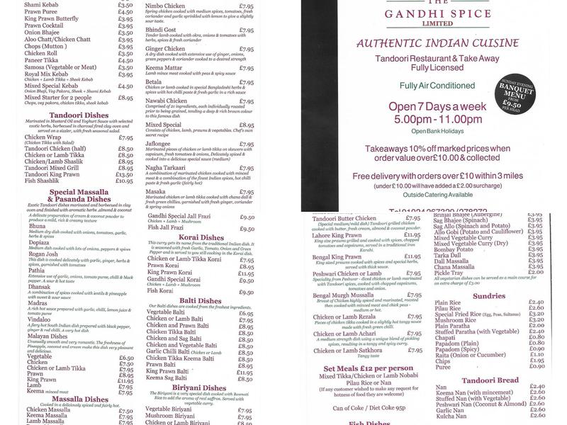 The Gandhi Spice Menu