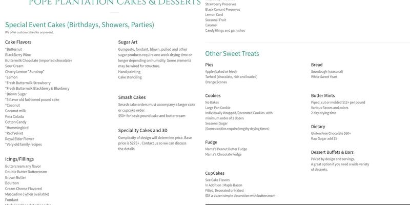 Pope Plantation Cakes and Bakery Menu