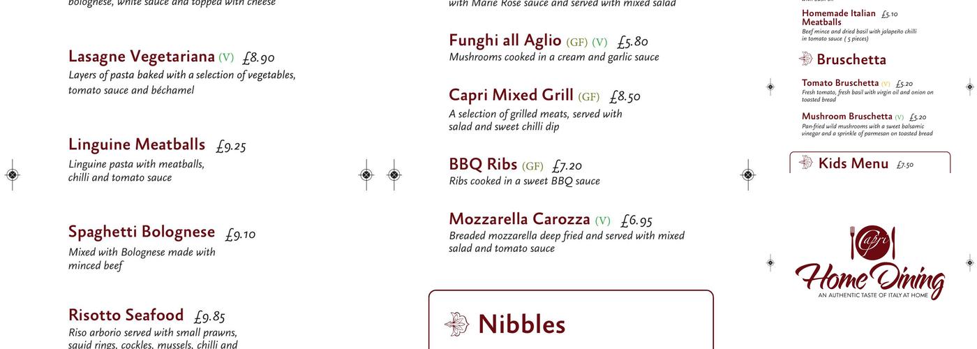 Capri Home Dining Menu